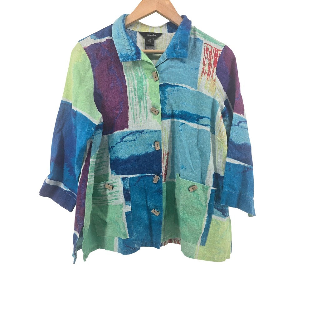 Ali Miles Linen Top Womens PM Abstract Colorblock 3/4 Sleeve Button EUC